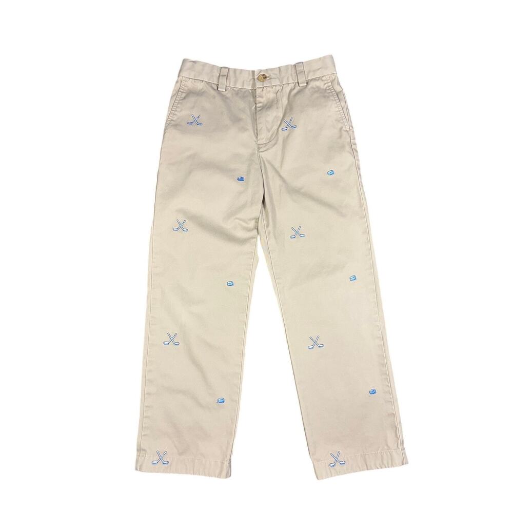 Vineyard Vines Boys Size 8 Chino Pants Khaki Embroidered Hockey Sticks & Pucks